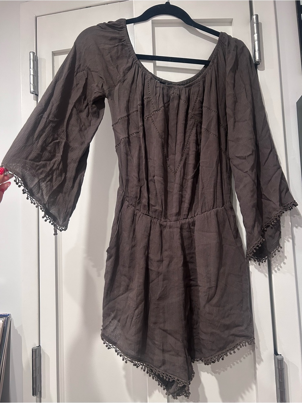 Dark Greek Boho Crochet-Trim Romper